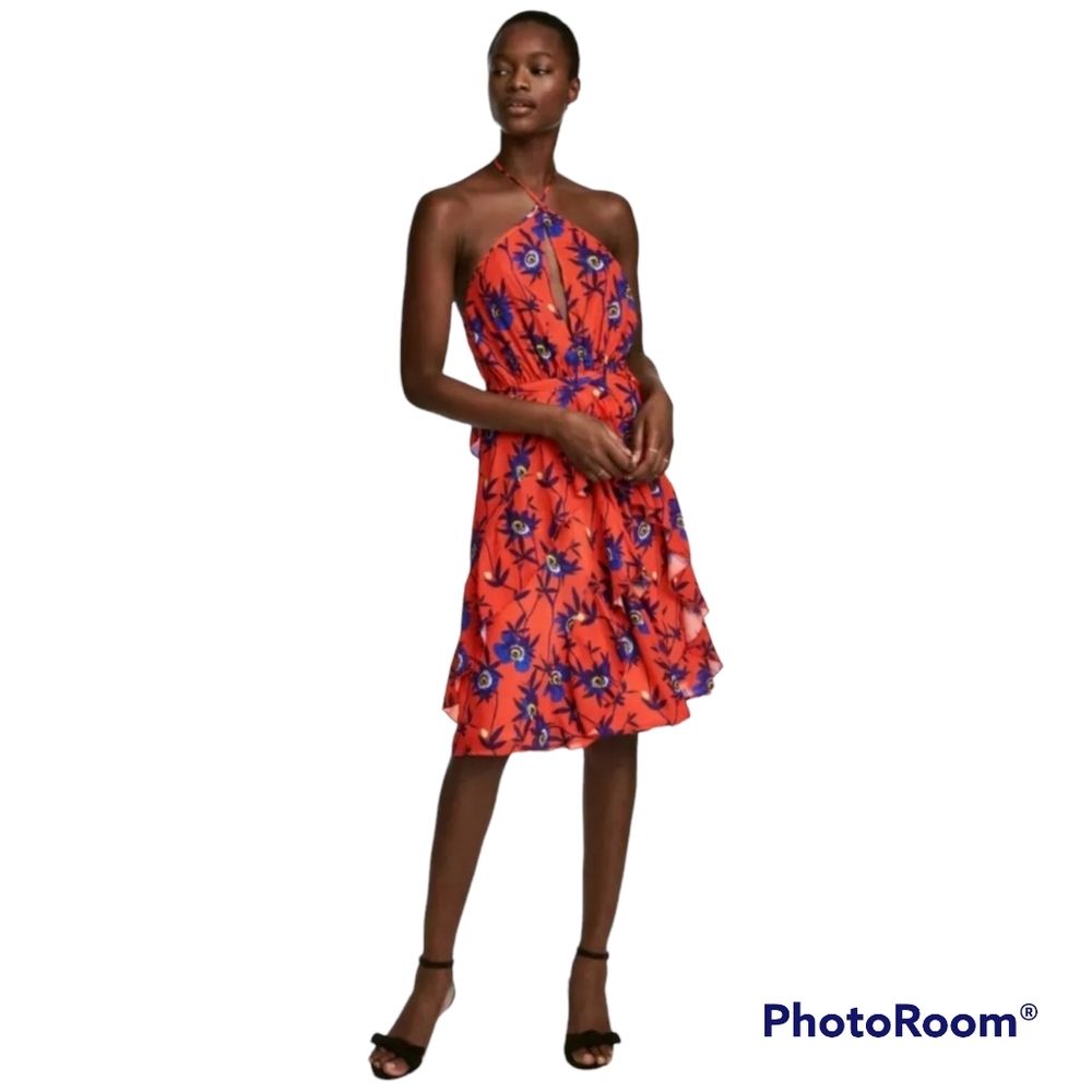 New H&M Red Floral Print Keyhole Halterneck Sundress Tiered Y2K Flowy Fairy Sz 8